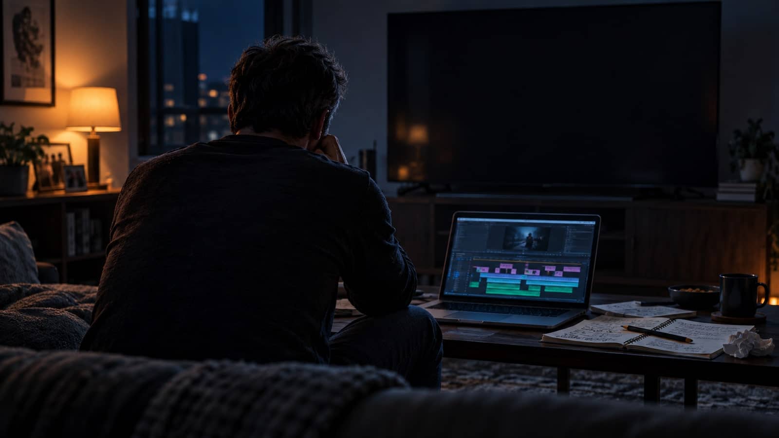 Filmmaker reviewing a rough cut in a dark living room after a test screening