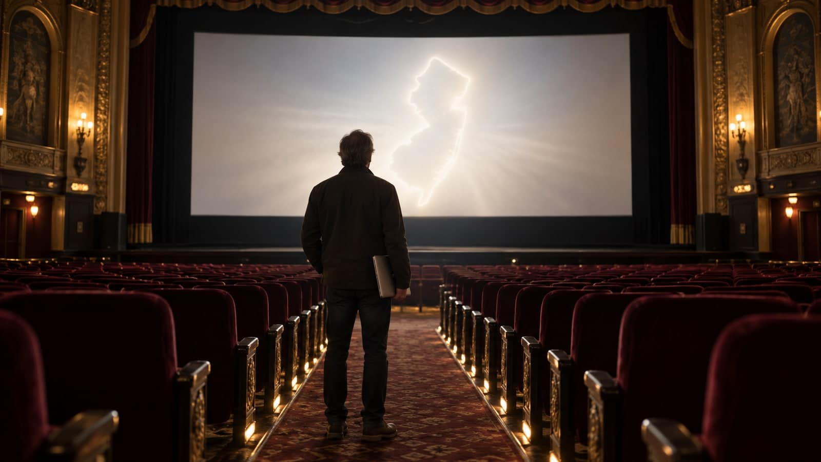 Independent filmmaker contemplating a New Jersey film festival submission inside an empty theater