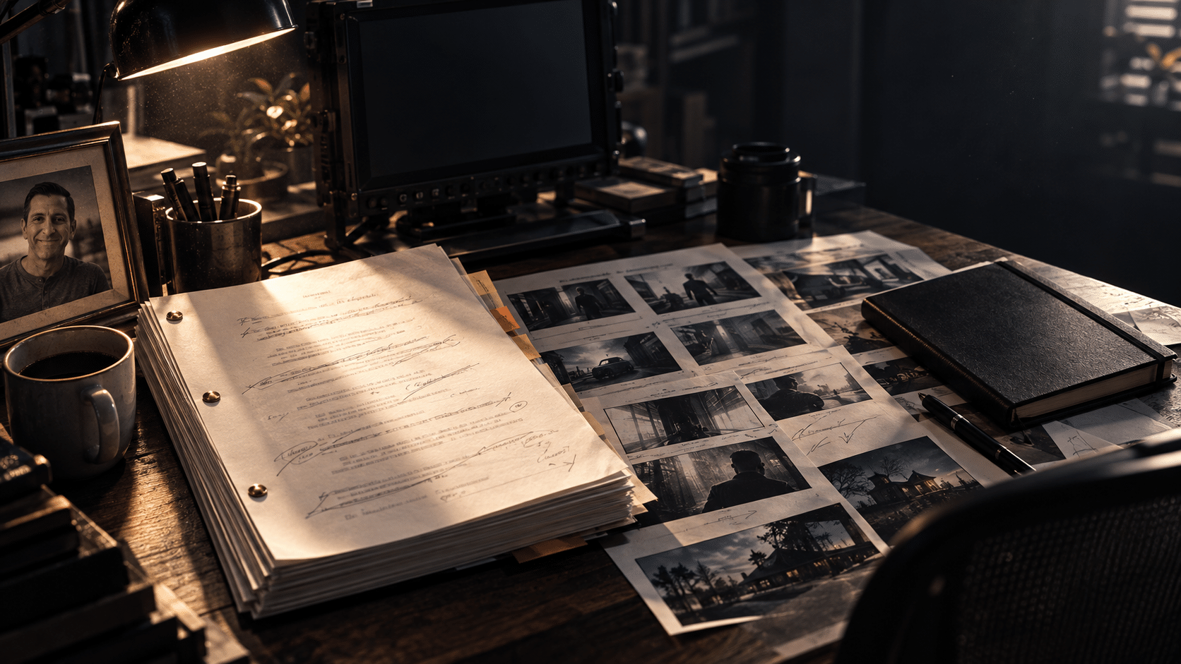 White Wolf screenplay and shot planning pages on a filmmaker's desk at night