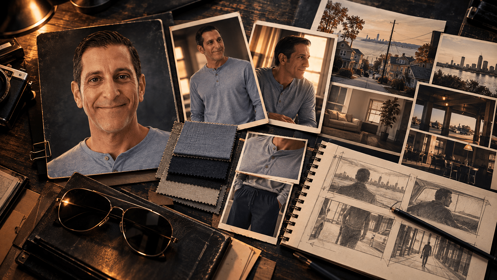 Anthony's character portraits, wardrobe references, and shot sketches on a production desk