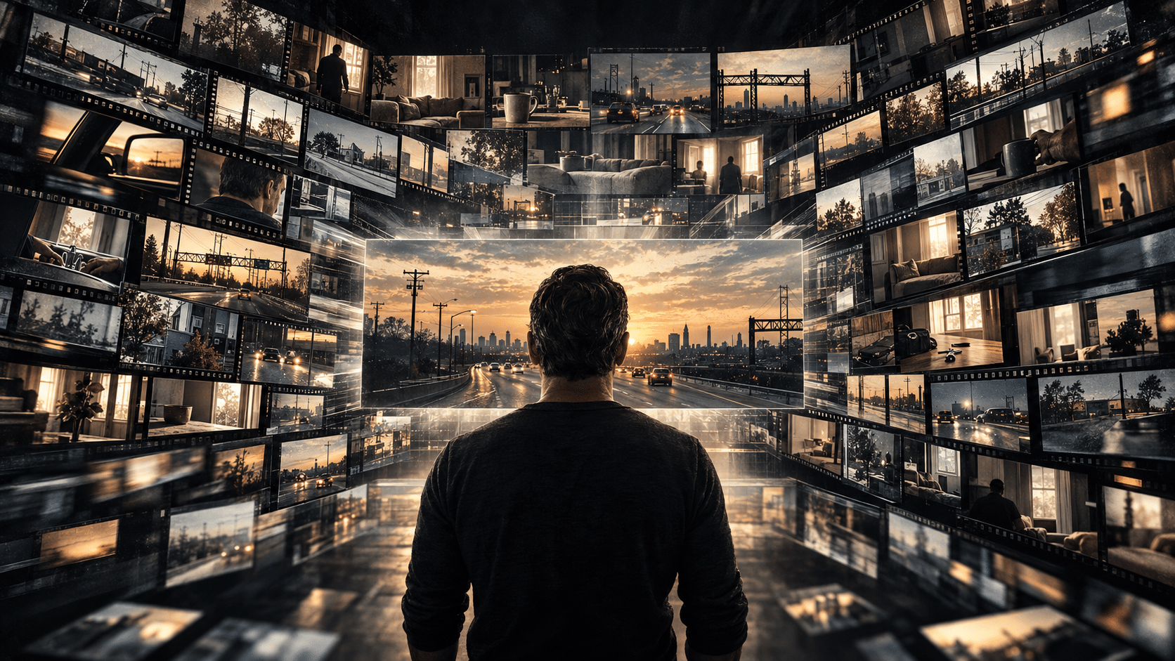 A filmmaker views many short generated film clips forming one continuous feature