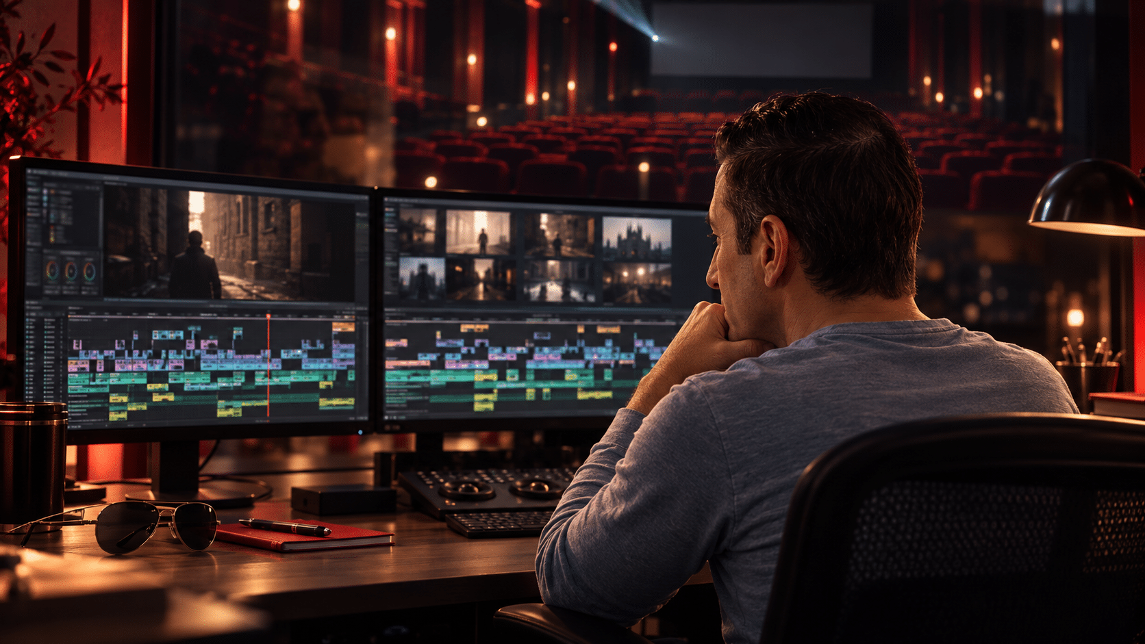 Anthony reviews the White Wolf editing timeline while an empty cinema is reflected behind him