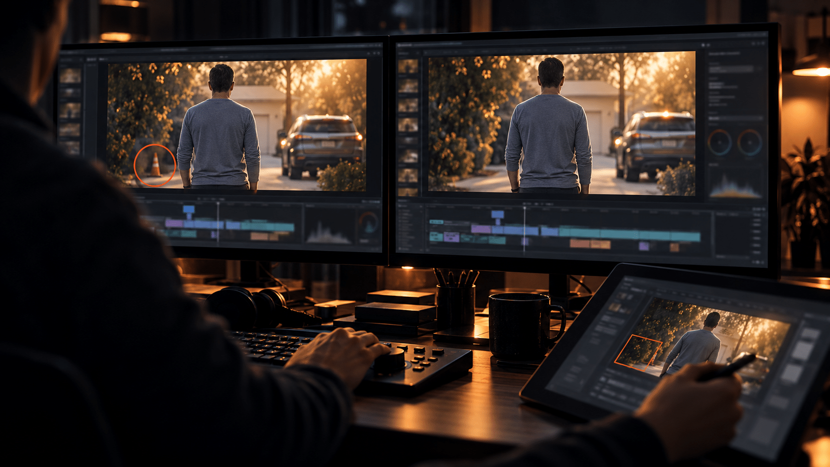 A video editor compares a small continuity error with the corrected shot on adjacent screens