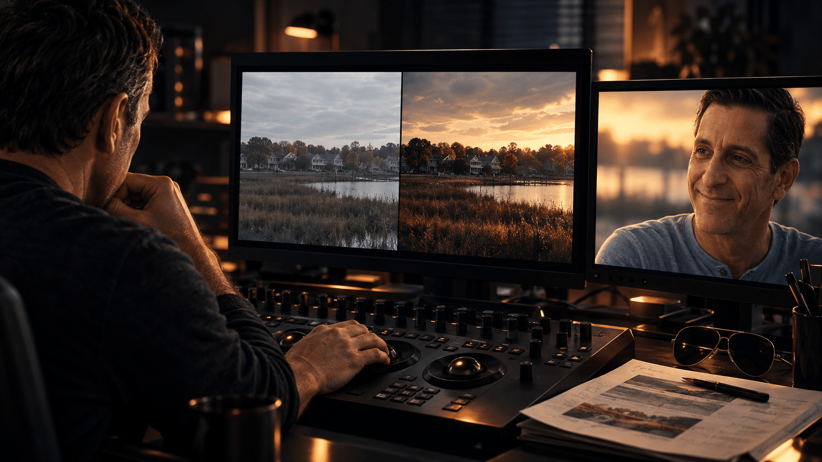 A colorist compares two grades of a New Jersey landscape beside an Anthony character shot