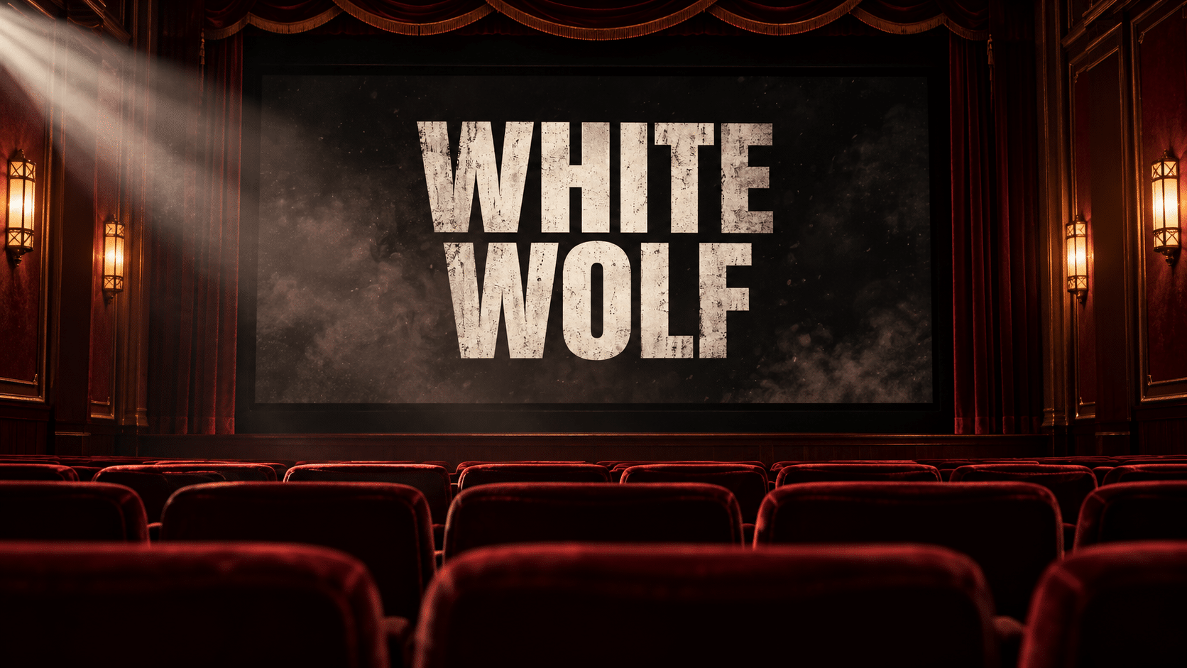 An intimate cinema with red seats and the White Wolf title glowing on the screen