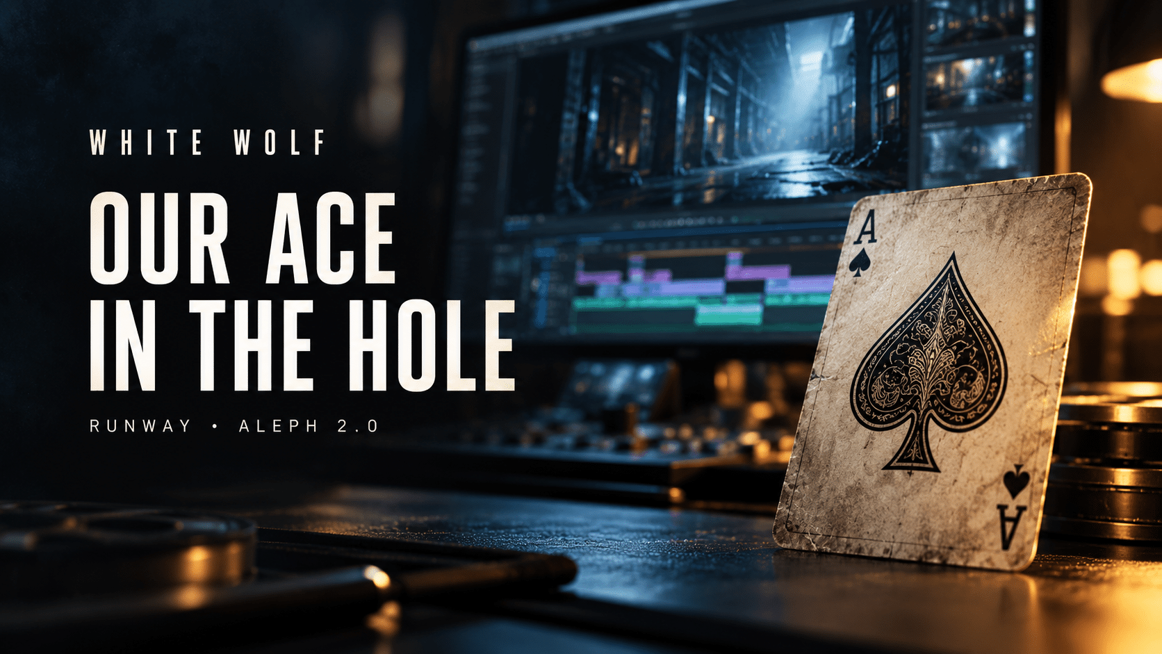 Ace of spades beside a cinematic editing timeline, with White Wolf: Our Ace in the Hole and Runway • Aleph 2.0 text.